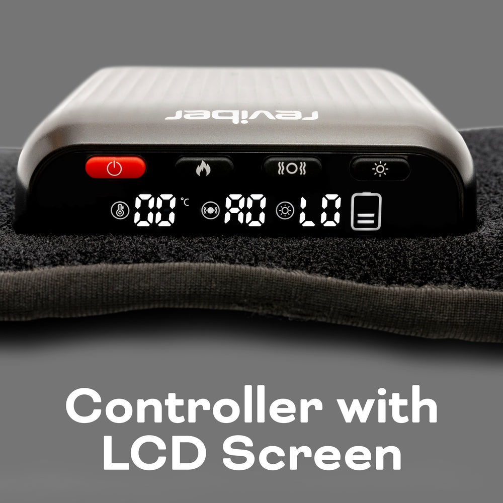 A close-up of the Reviber Zen Physio Back Therapy Belt’s electronic controller shows its LCD screen with vibration massage settings. Numbers and icons appear on the display, with buttons above it. The bottom text reads “Controller with LCD Screen.”.