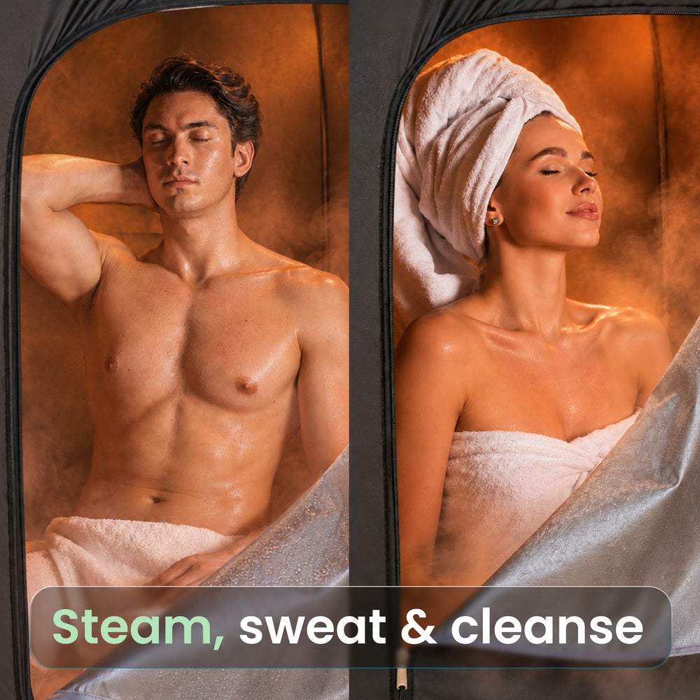 A man and woman sitting inside individual Reviber Steam Sauna Pods for at-home relaxation, with the text Steam, sweat & cleanse overlaid at the bottom.