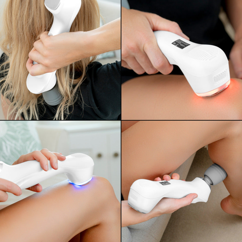 A collage of four images shows a person using the Reviber Hot & Cold Deep Tissue Massager with red and blue light therapy by Reviber on their neck, thigh, and legs in relaxing at-home settings.