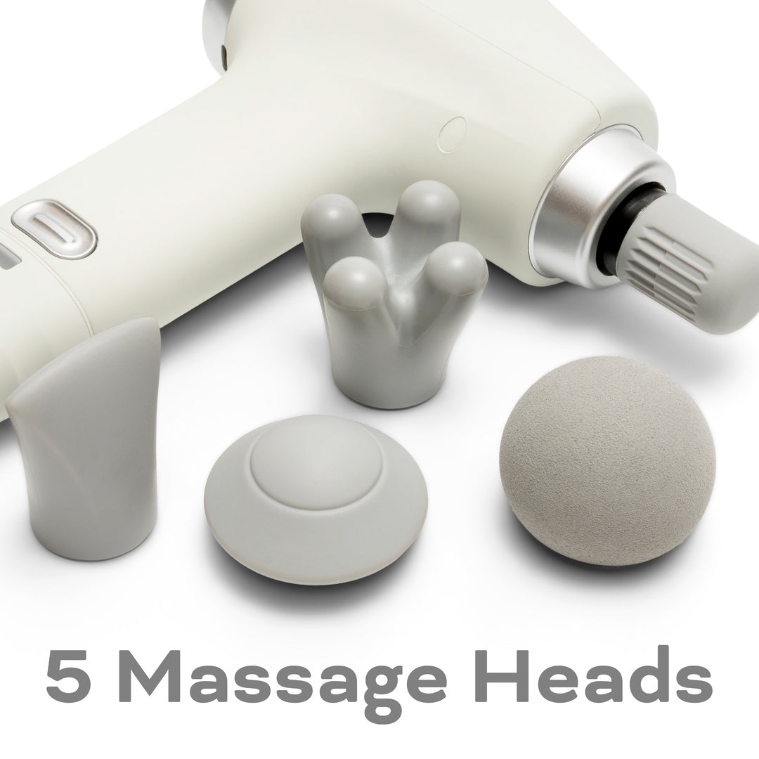 The Reviber Deep Tissue Percussion Massage Gun with Long Reach Handle is shown in white, accompanied by five interchangeable gray massage heads. Text below states: 5 Massage Heads. Brand: Reviber.