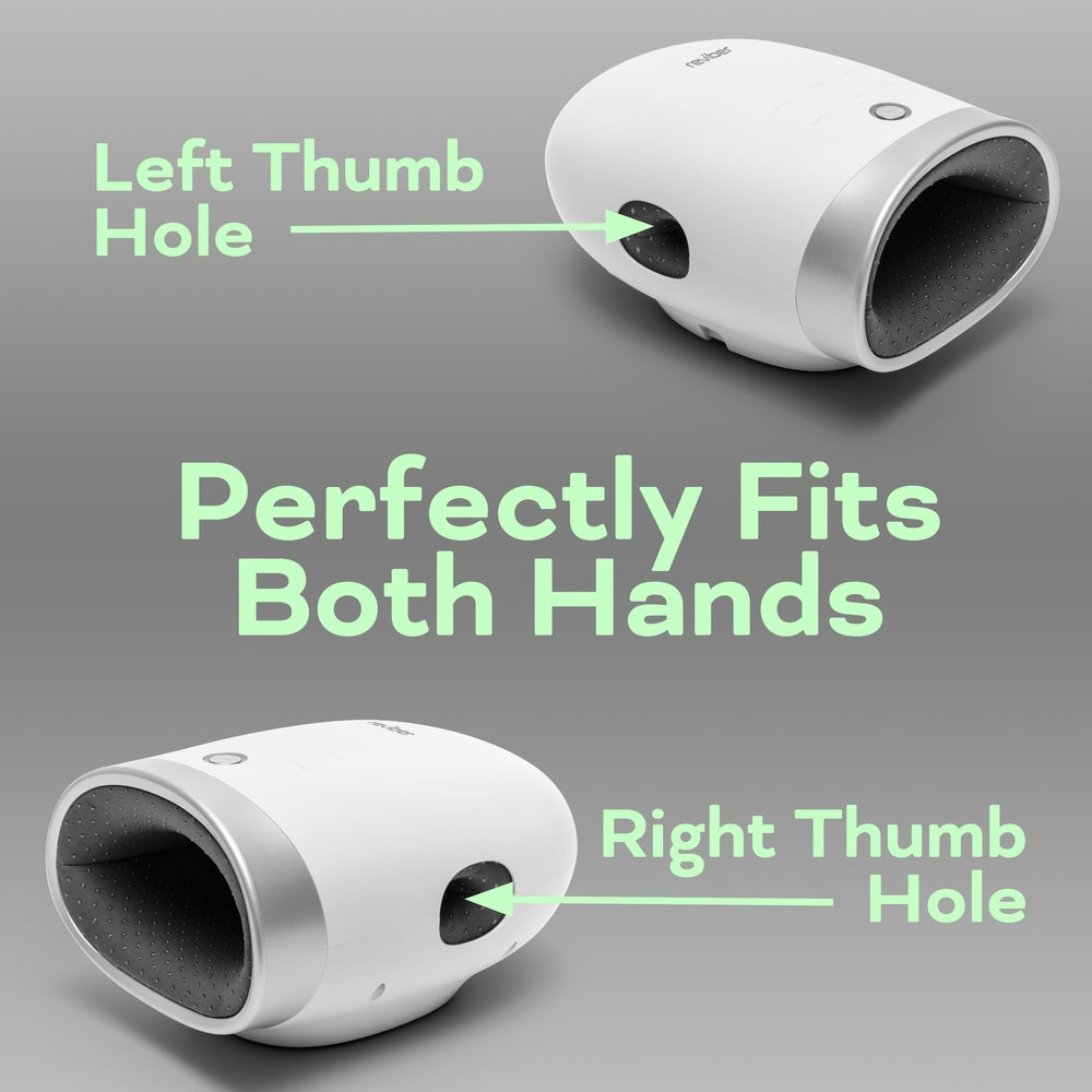 Two images of the Reviber Hand Spa Massager with Heat & Finger Stretch, a white device by Reviber featuring labeled Left Thumb Hole and Right Thumb Hole. The text "Perfectly Fits Both Hands" appears in the center, highlighting its ambidextrous design and versatile extendable handle.