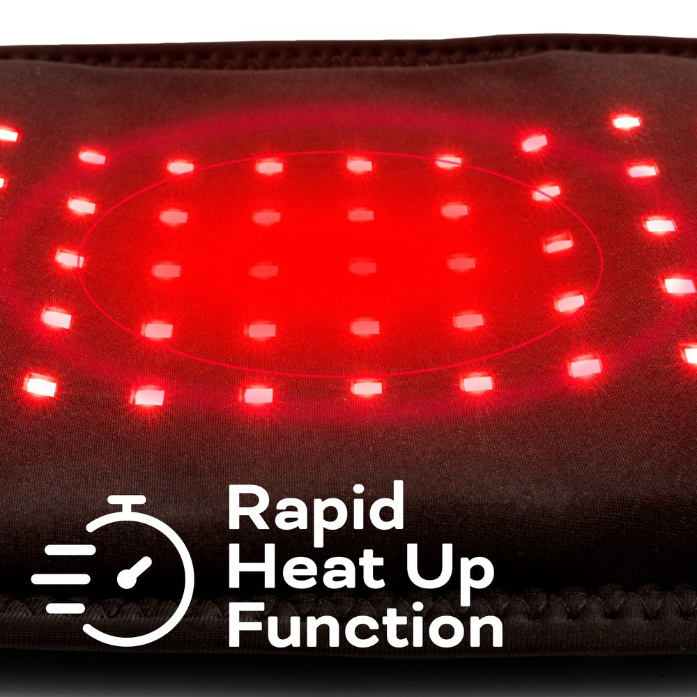 Close-up of the Reviber Zen Physio Back Therapy Belt by Reviber, featuring glowing red LED lights in a circular design. A white stopwatch icon and “Rapid Heat Up Function” text highlight its quick warming capability.