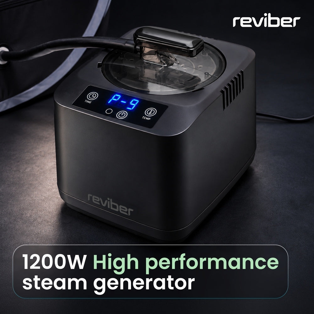 Black 1200W Reviber Steam Sauna Pod portable steam generator with a digital display showing P-9 and a top hose connection, perfect for at home recovery.
