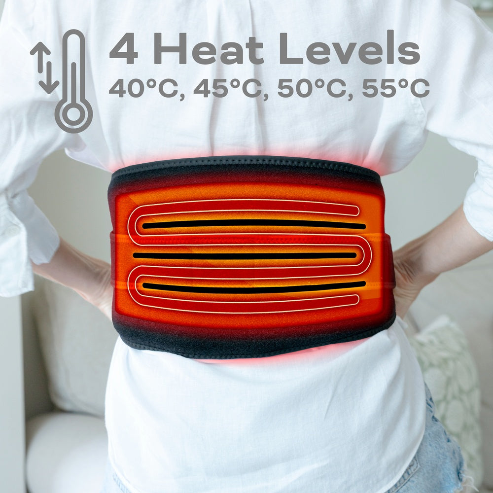 A person wears the Reviber Zen Physio Back Therapy Belt by Reviber, featuring glowing heating elements with 4 adjustable heat levels (40°C, 45°C, 50°C, 55°C) for soothing heat therapy. Icons highlight customizable temperature settings.