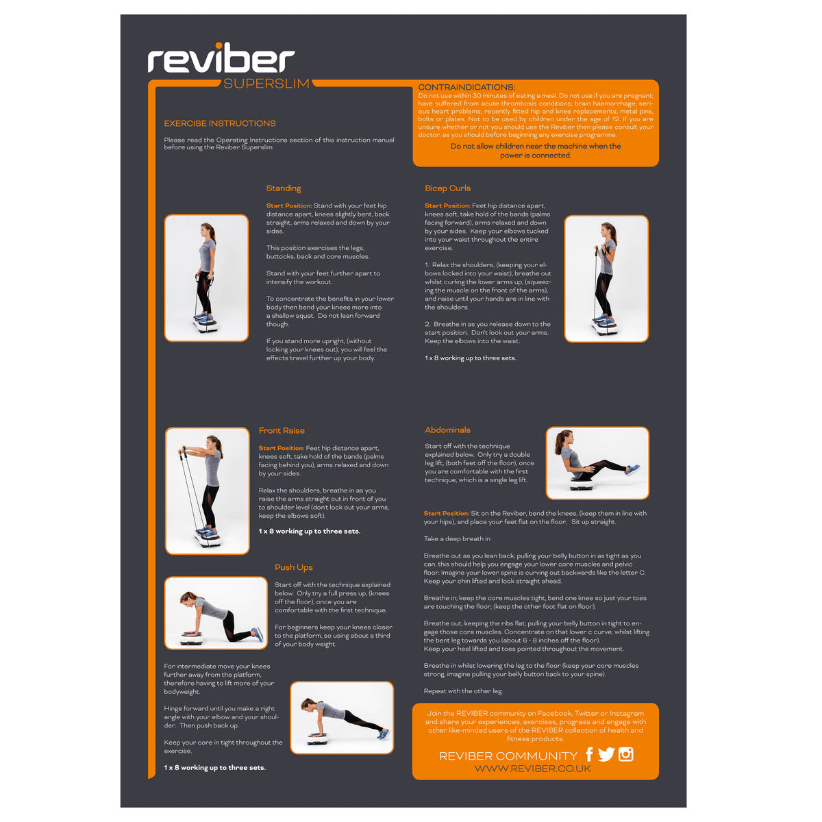 Instructional poster for the Reviber Superslim Vibration Plate Exerciser by Reviber, showing a woman performing six body toning exercises with step-by-step guidance and safety info on a dark background.