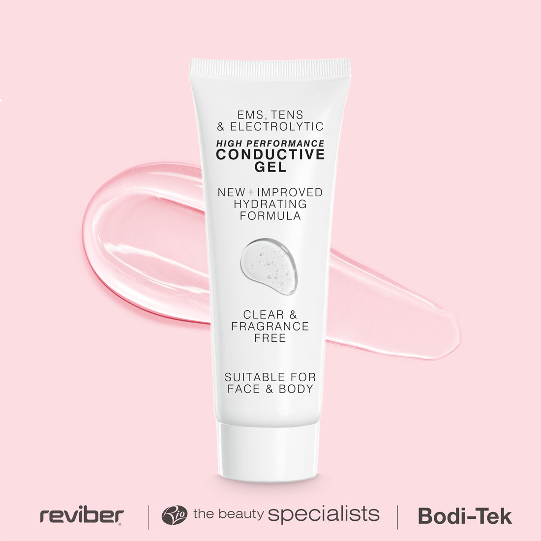 A white tube of Reviber EMS, TENS, Electrolytic and Micro-Current Toning Conductive Gel (4 x 85ml) stands upright on a light pink background, labeled hydrating, clear, fragrance free, and suitable for face and body, with logos at the bottom.