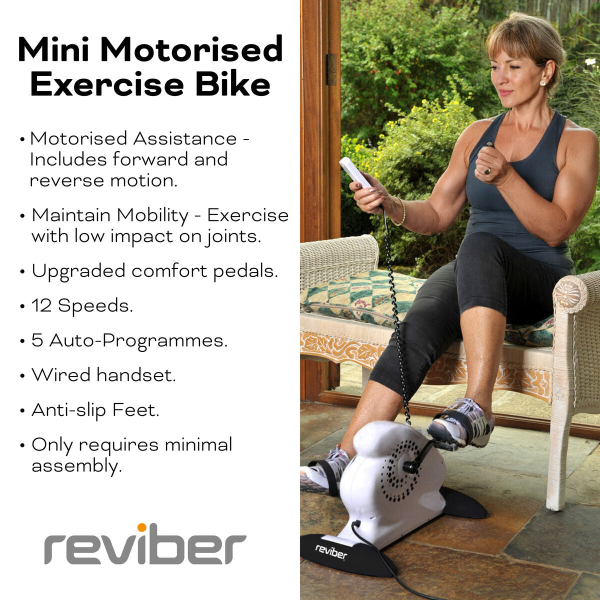 A woman uses the Reviber Mini Motorised Exercise Bike in her living room. This Reviber bike offers motorised assistance, 12 speeds, 5 auto-programmes, and anti-slip feet—ideal for low-impact rehabilitation. Reviber logo displayed below.