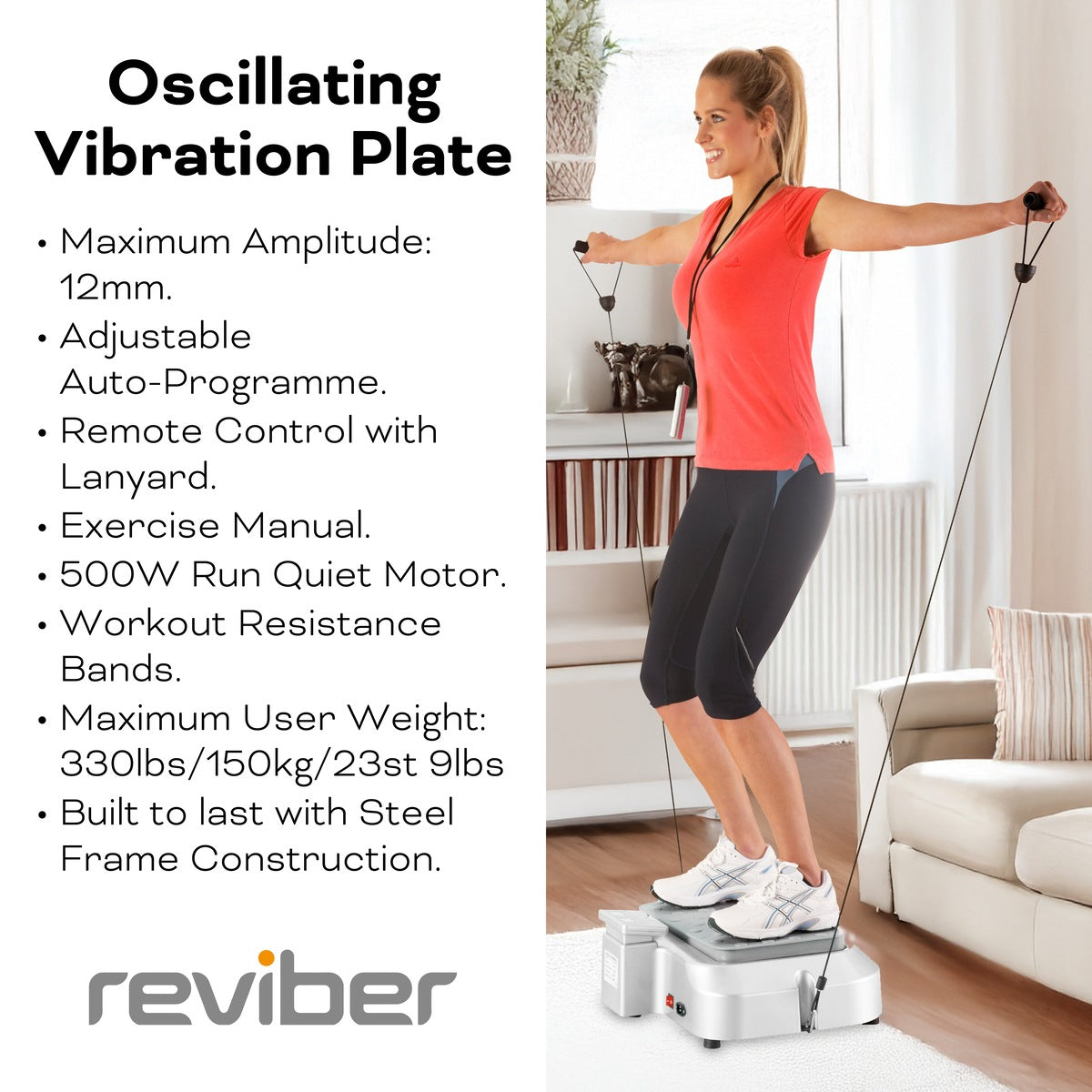 A woman working out on the Reviber Plus Oscillating Vibration Plate Exerciser by Reviber in her living room, using resistance bands for an engaging home fitness routine. On-screen text highlights features like its high weight limit, convenient remote control, included exercise manual, and powerful motor—all designed to help you burn calories and tone your body with every session.