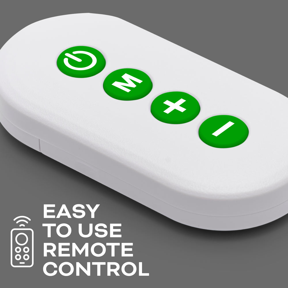 The Reviber Circulation Stim Electronic Muscle Stimulator by Reviber features a white remote with four green buttons—Power, Minus, Plus, and an “I” symbol—set on a gray background. Text reads: Easy to use remote control with a remote icon.