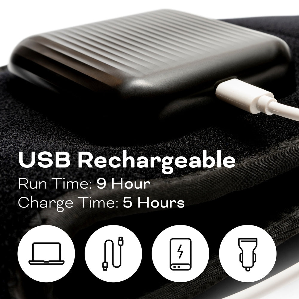 Close-up of the black Reviber Zen Physio Back Therapy Belt's USB rechargeable device with cable. From Reviber, it provides a 9-hour run time, charges in 5 hours, and works with laptops, phones, cables, and car chargers (icons shown).