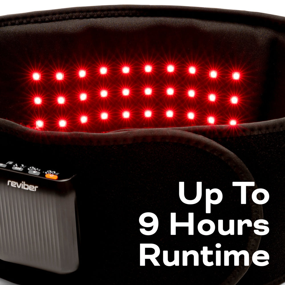 A close-up of the Reviber Zen Physio Back Therapy Belt emitting red LED infrared light with a control unit labeled Reviber. Overlaid text reads: Up To 9 Hours Runtime.