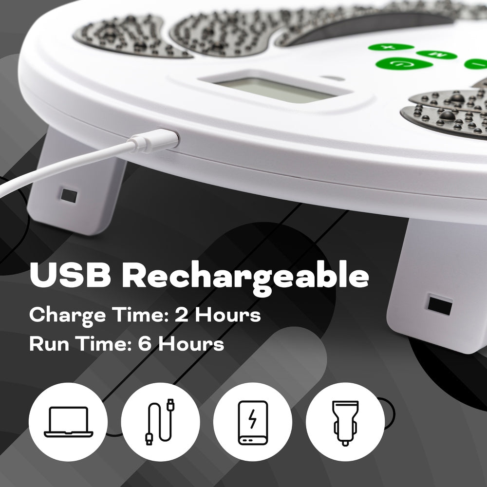 A close-up of the Reviber Circulation Stim—an electronic muscle stimulator by Reviber—being charged via USB. Icons and text show: "USB Rechargeable. Charge Time: 2 Hours. Run Time: 6 Hours." Great for active recovery or leg strength on the go.