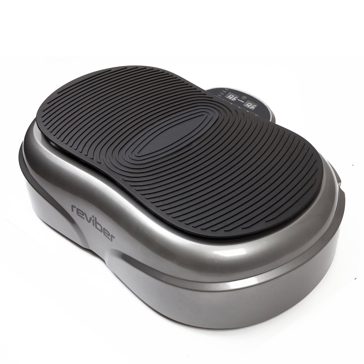 The Reviber Fusion Oscillating Vibration Plate Exerciser by Reviber features a gray design with a textured black surface and digital display, ideal for toning muscles and burning calories, shown against a white background.
