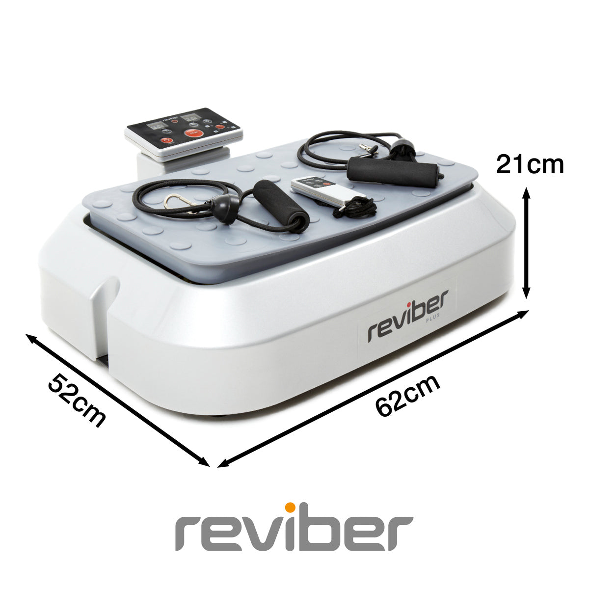 A white Reviber Plus Oscillating Vibration Plate Exerciser with control panel and elastic resistance bands on top, measuring 62 cm wide, 52 cm deep, and 21 cm tall. The Reviber logo appears at the bottom.