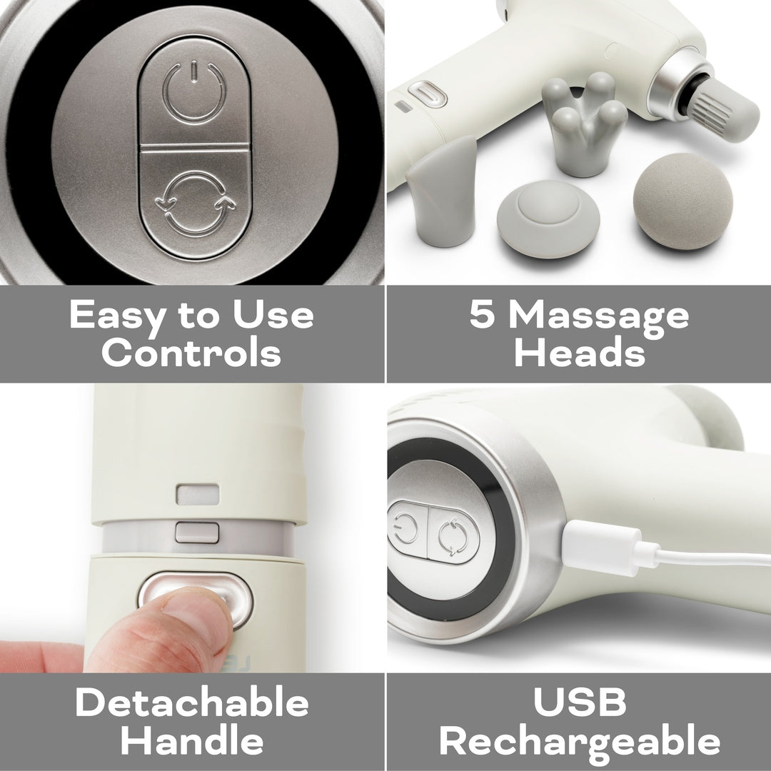 A collage featuring the Reviber Deep Tissue Percussion Massage Gun with Long Reach Handle: close-up of adjustable speeds, five massage heads, handle extension, and USB charging. All features are clearly labeled. Brand: Reviber.