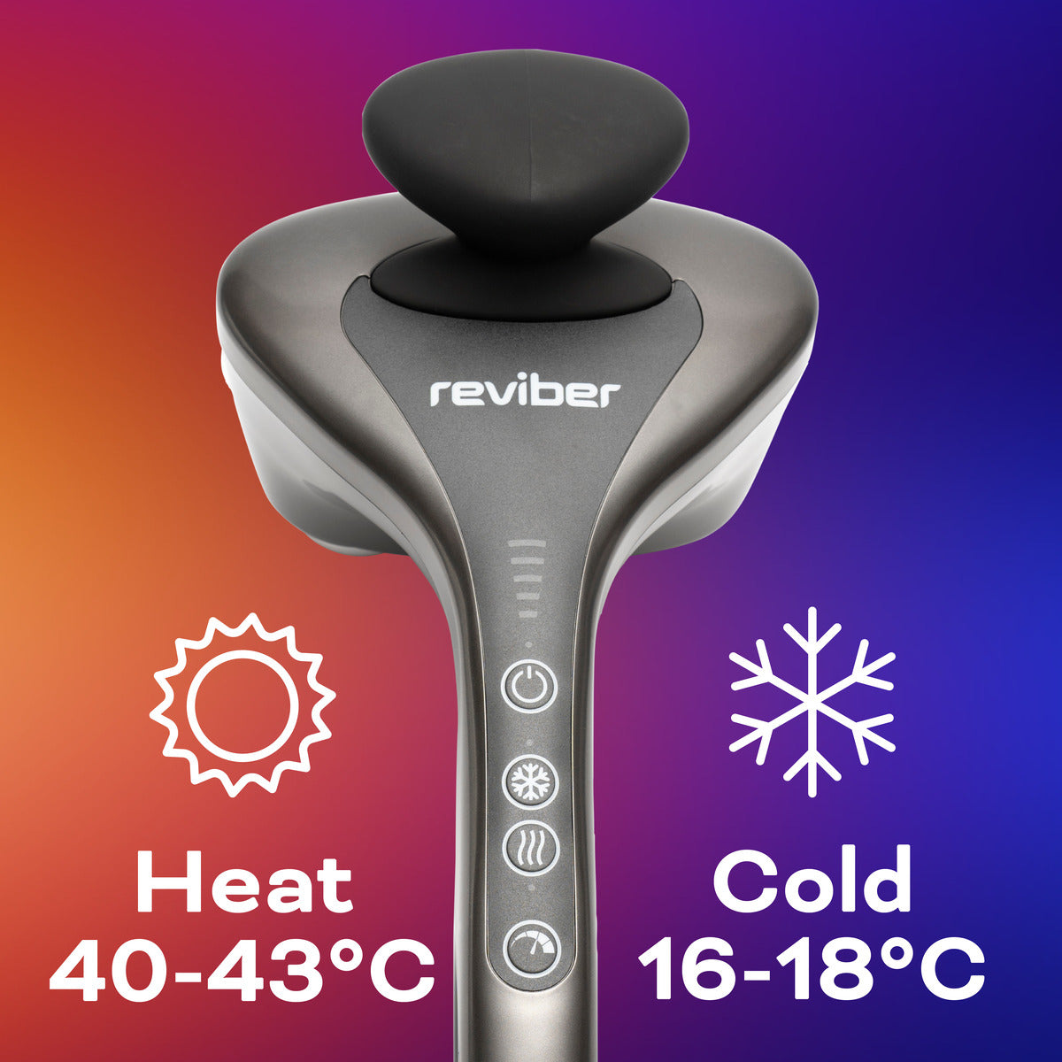 The Reviber Hot and Cold Percussion Massager by Reviber is displayed on a gradient background, featuring sun and snowflake icons to showcase its 40-43°C heat and 16-18°C cold modes for effective muscle relief.