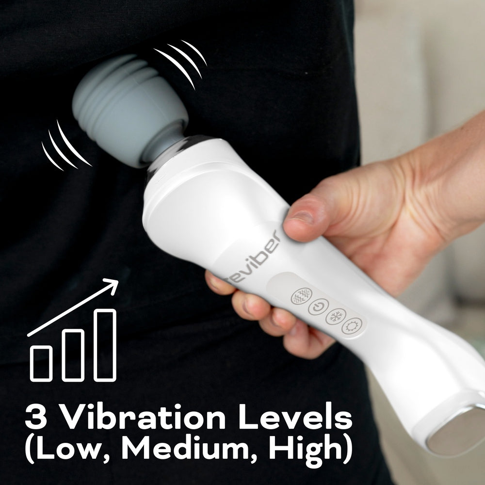 A hand uses the Reviber Hot & Cold Deep Tissue Massager on a back, with illustrated vibration lines and a bar graph, for a spa-inspired massage. Text reads: 3 Vibration Levels (Low, Medium, High). Brand: Reviber.