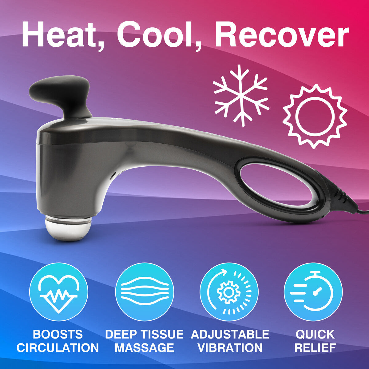 The Reviber Hot and Cold Percussion Massager by Reviber, shown with a rounded metal head and ergonomic handle on a gradient background, highlights muscle relief, adjustable vibration, and quick relief with the text “Heat, Cool, Recover.”.