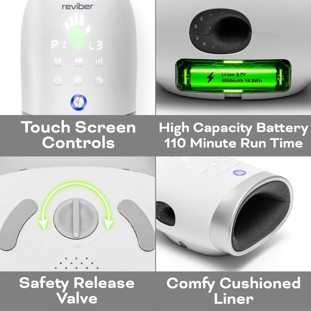 Collage features the Reviber Hand Spa Massager with Heat & Finger Stretch by Reviber, showcasing its touch screen controls, extendable handle, green rechargeable battery, safety release valve, and cushioned liner. Text highlights these features in four sections—making it ideal for deep tissue massage applications.