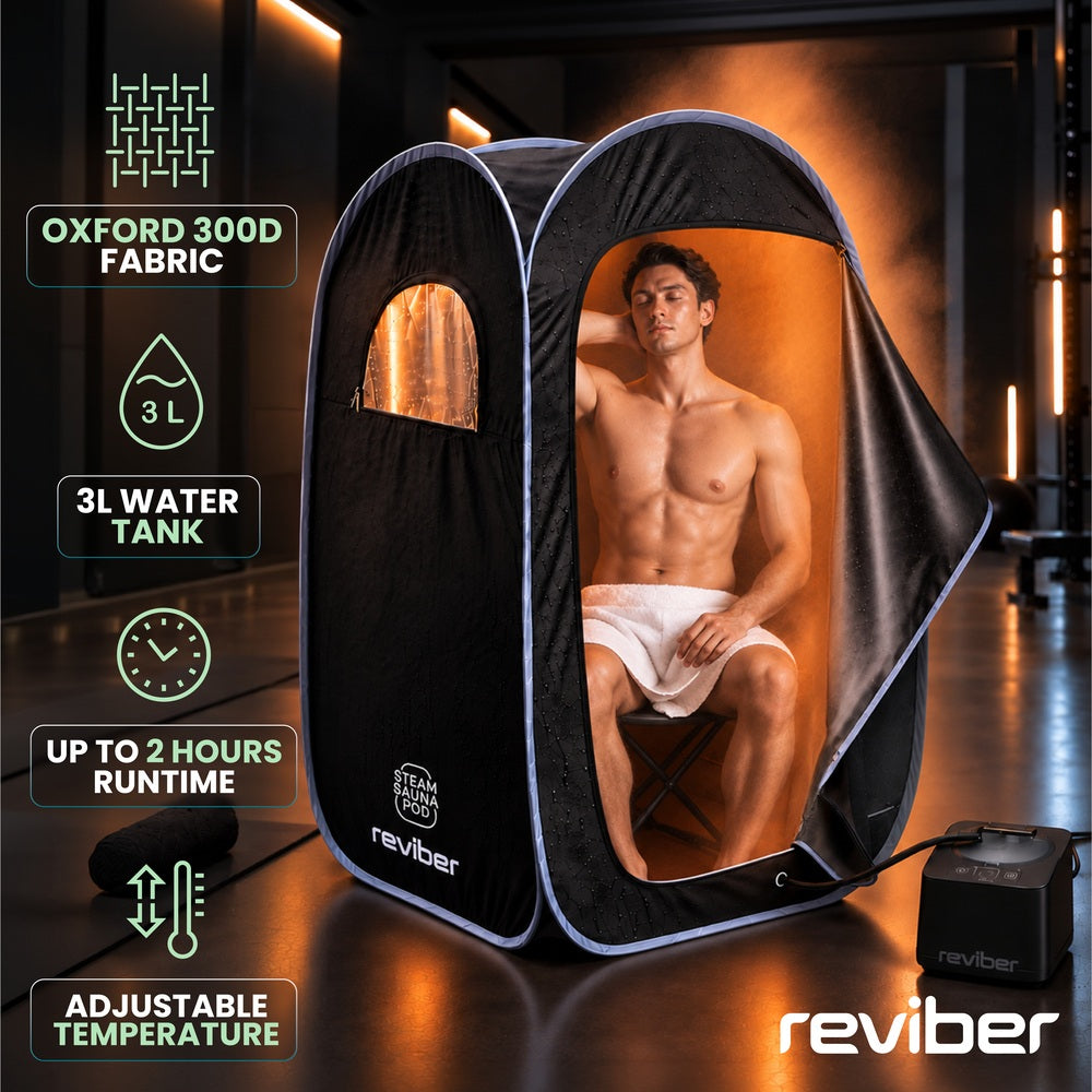 A man sits inside a Reviber Steam Sauna Pod made of Oxford 300D fabric, featuring a 3-liter water tank, a 2-hour runtime, and adjustable temperature for relaxation.