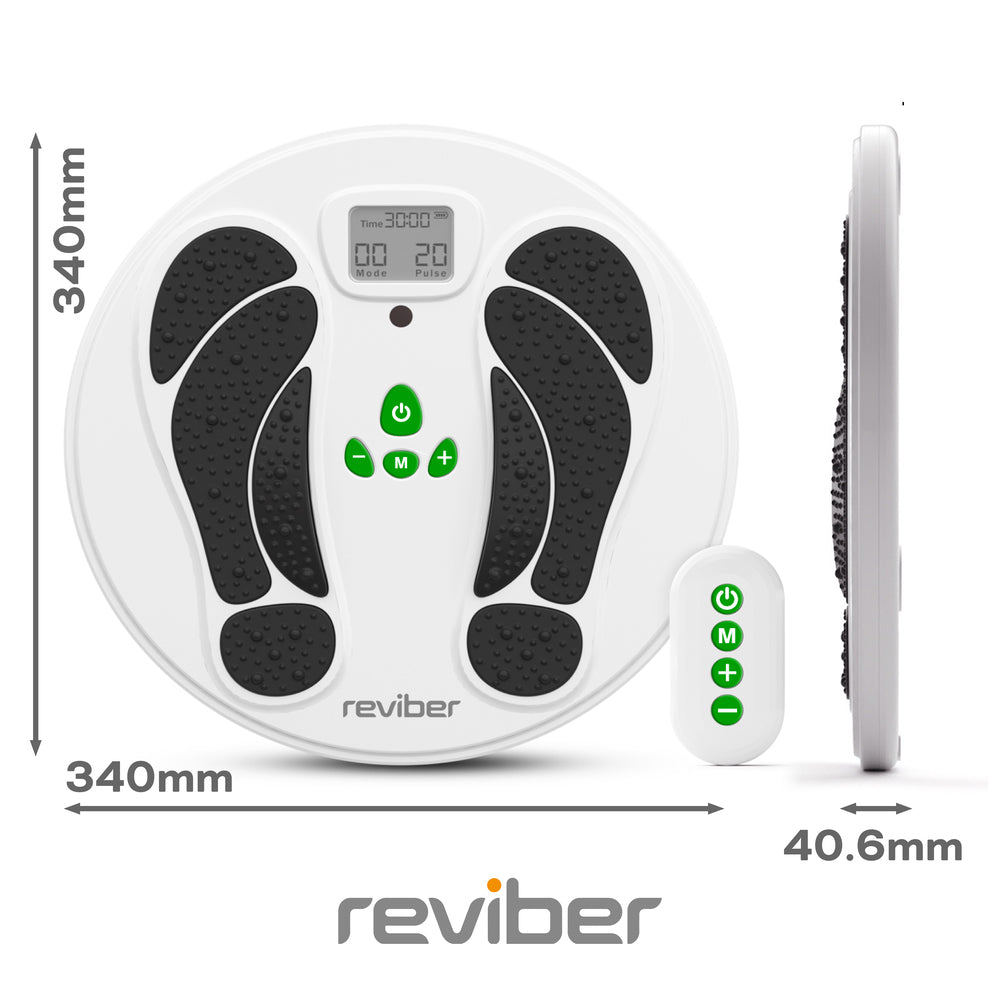 The Reviber Circulation Stim by Reviber is a round white electronic muscle stimulator with black foot pads, a digital display, green controls, and a white remote. Perfect for active recovery and lower leg strength. Size: 340mm x 340mm x 40.6mm; reviber logo below.