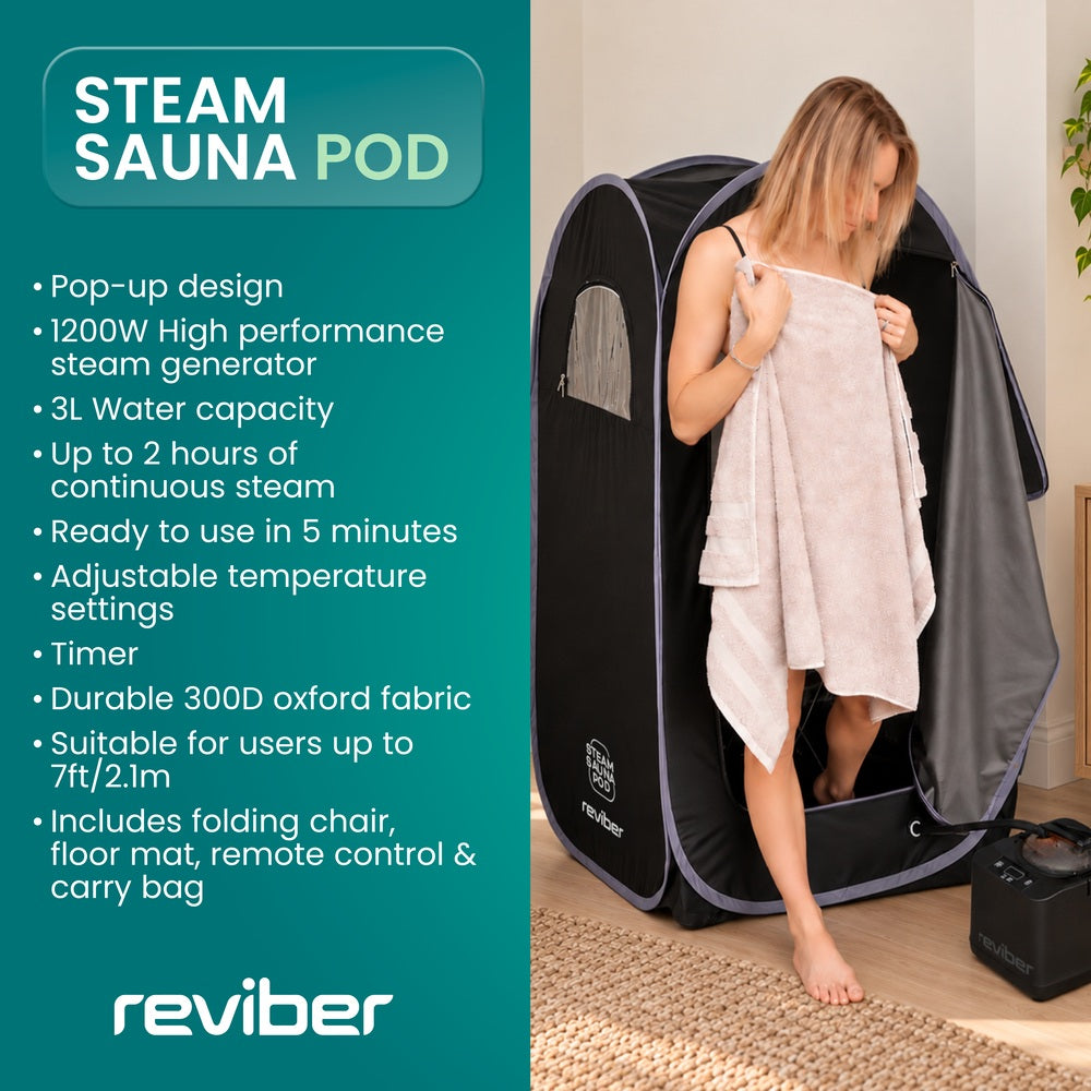 A woman in a towel steps out of a Reviber Steam Sauna Pod for at-home relaxation, with a list of product features displayed on the left.
