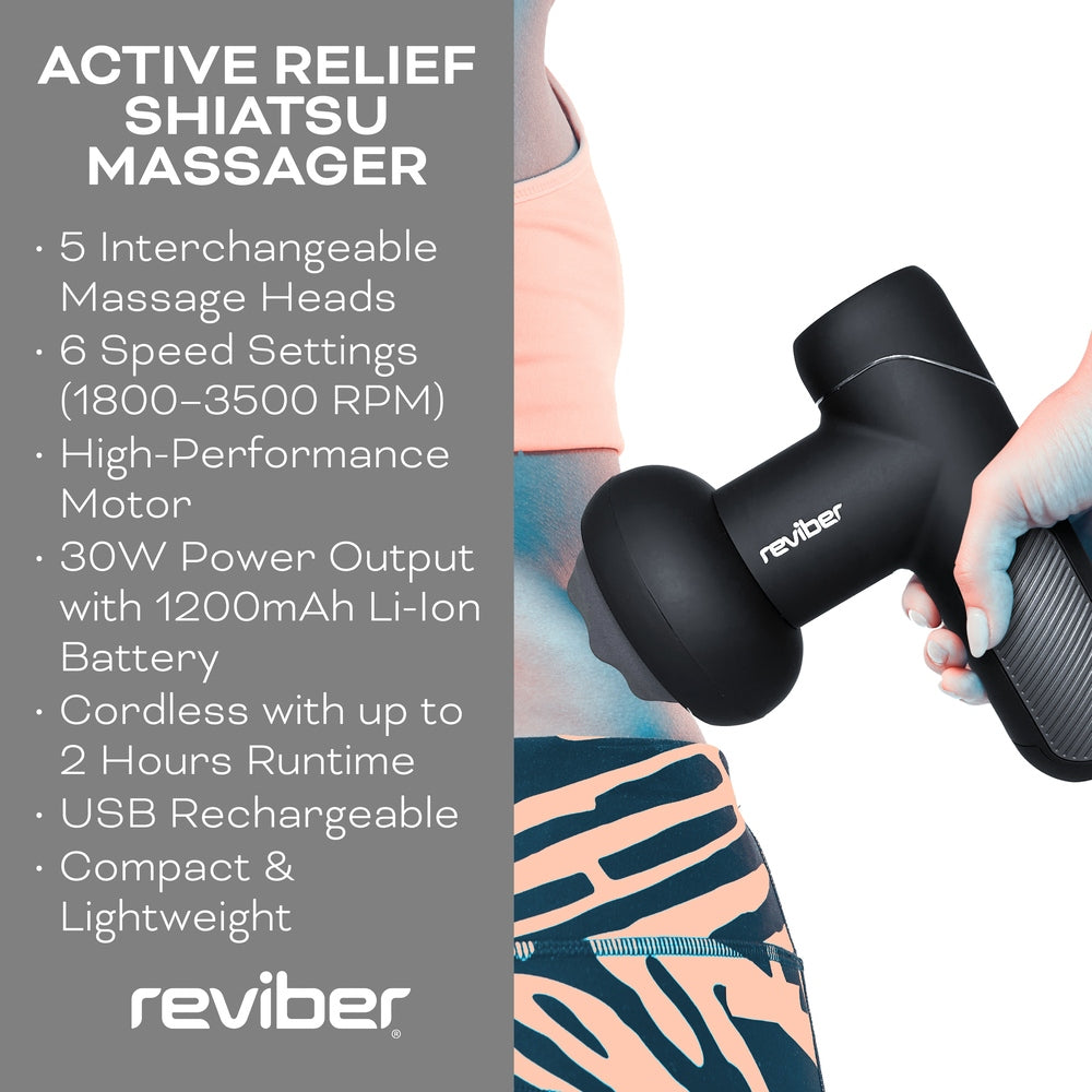 A person uses the black Reviber Active Relief Shiatsu Massager for deep tissue relief. Features shown: 5 massage heads, 6 speeds, high-performance motor, 30W power, cordless, USB rechargeable, compact, and lightweight by Reviber.