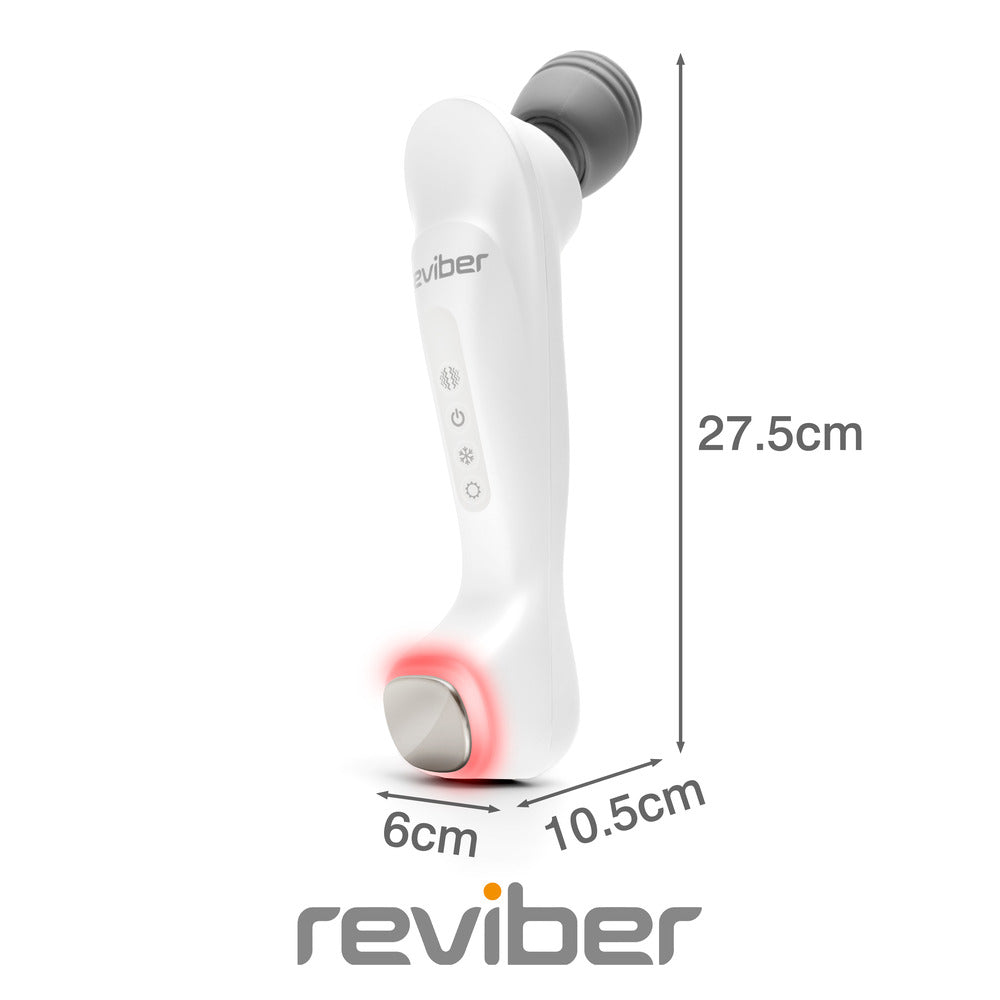 The Reviber Hot & Cold Deep Tissue Massager features control buttons on the handle, a glowing red base for heat or vibration, and measures 27.5 x 6 x 10.5 cm—perfect for spa-quality home massage. The Reviber logo is displayed underneath.