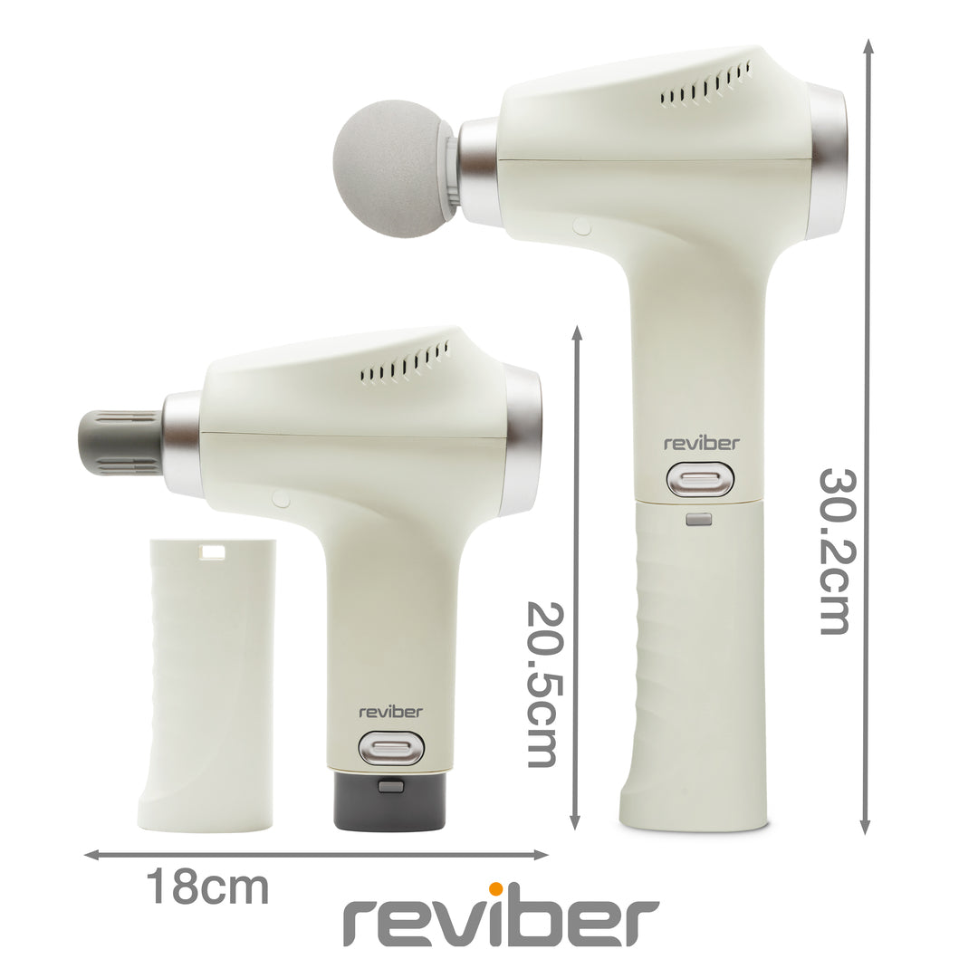 Two Reviber Deep Tissue Percussion Massage Guns with long-reach handles are shown upright and side by side (heights: 20.5 cm and 30.2 cm, width: 18 cm). Below, an extra attachment and adjustable speed settings from Reviber are displayed.