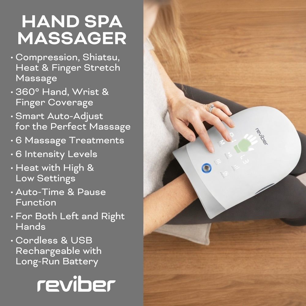 A person using the Reviber Hand Spa Massager with Heat & Finger Stretch on a wooden floor. The text highlights features such as soothing heat, shiatsu massage, 6 intensity levels, cordless operation, and ambidextrous design for both left and right hands. The Reviber logo is displayed.