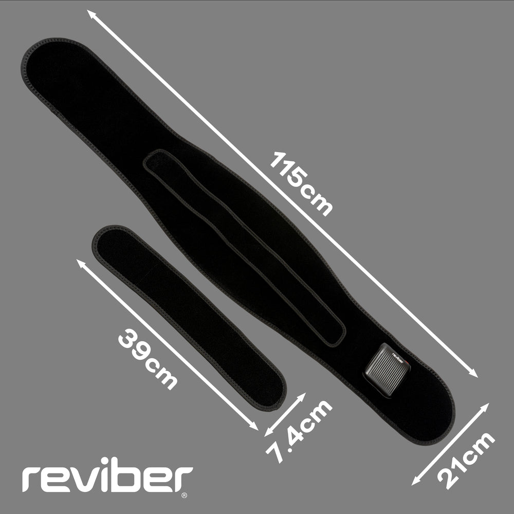 Two black velcro straps—a large (115cm x 21cm) and a small (39cm x 7.4cm)—are shown on a gray background with size labels, as accessories for the Reviber Zen Physio Back Therapy Belt by Reviber. The Reviber logo appears at the lower left.
