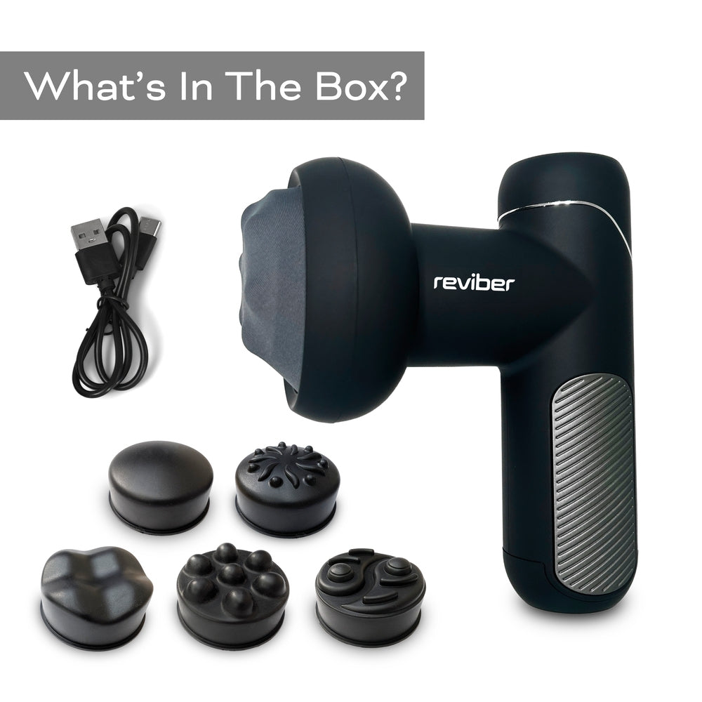 A black Reviber Active Relief Shiatsu Massager with a textured grip, six interchangeable heads for deep tissue relief, and a USB charging cable is shown on a white background. Text at the top says, "What's In The Box?.