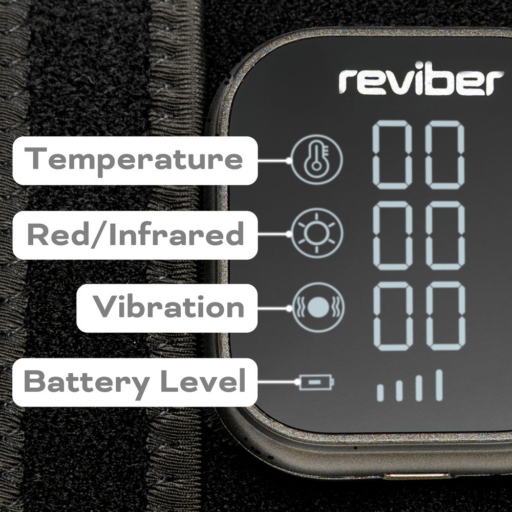 Close-up of a Reviber Infrared Light Therapy Pad digital display showing temperature, infrared therapy, vibration mode, and battery level—each feature clearly labeled with icons for easy tracking of wearable pain relief by Reviber.
