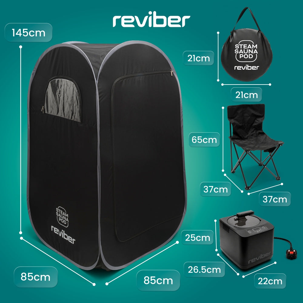 Reviber Steam Sauna Pod for at-home recovery, including a folding chair, steam generator, and carrying bag, shown with labeled height, width, and depth measurements.