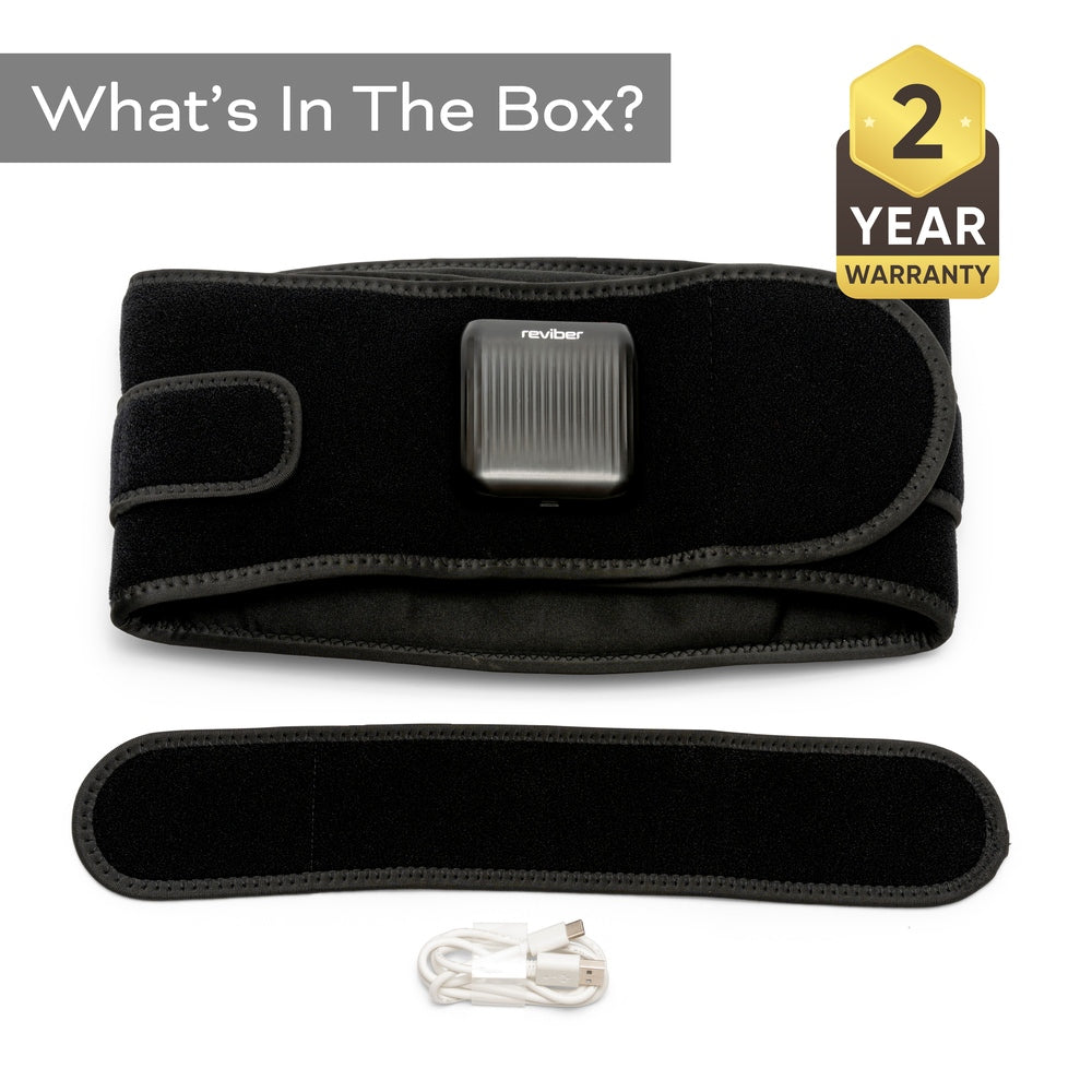 Reviber Zen Physio Back Therapy Belt by Reviber, featuring adjustable fit, an attached device, extra strap, and USB charging cable. “What’s In The Box?” text shown and a 2 Year Warranty badge appears in the top right corner.