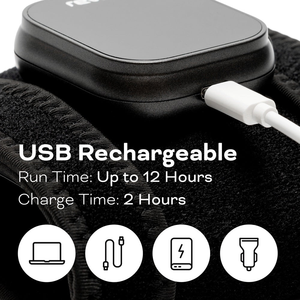 Close-up of the Reviber Infrared Light Therapy Pad being charged via USB, with text: "USB Rechargeable, Run Time: Up to 12 Hours, Charge Time: 2 Hours." Four icons show it can be charged via laptop, cable, phone, or car adapter. Brand: Reviber.