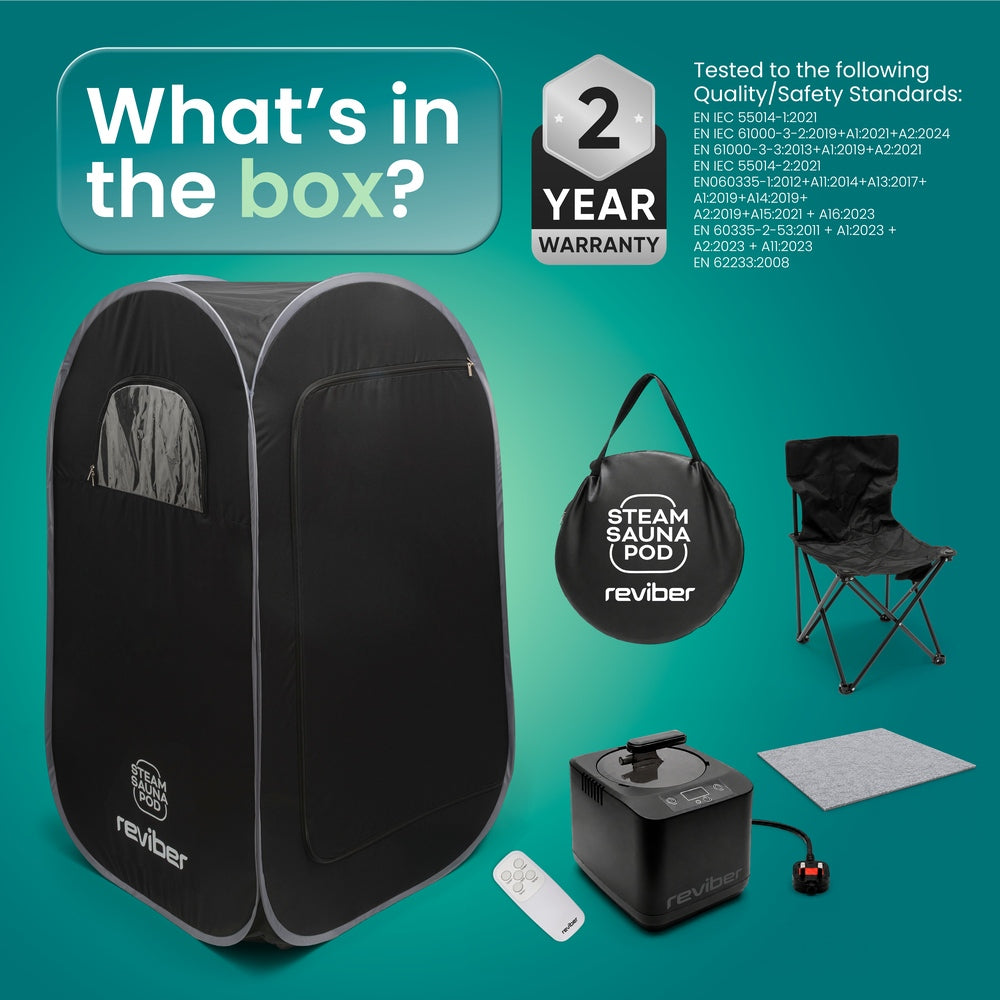 Reviber Steam Sauna Pod kit featuring a pod, folding chair, steam generator, remote, carrying bag, and floor mat.