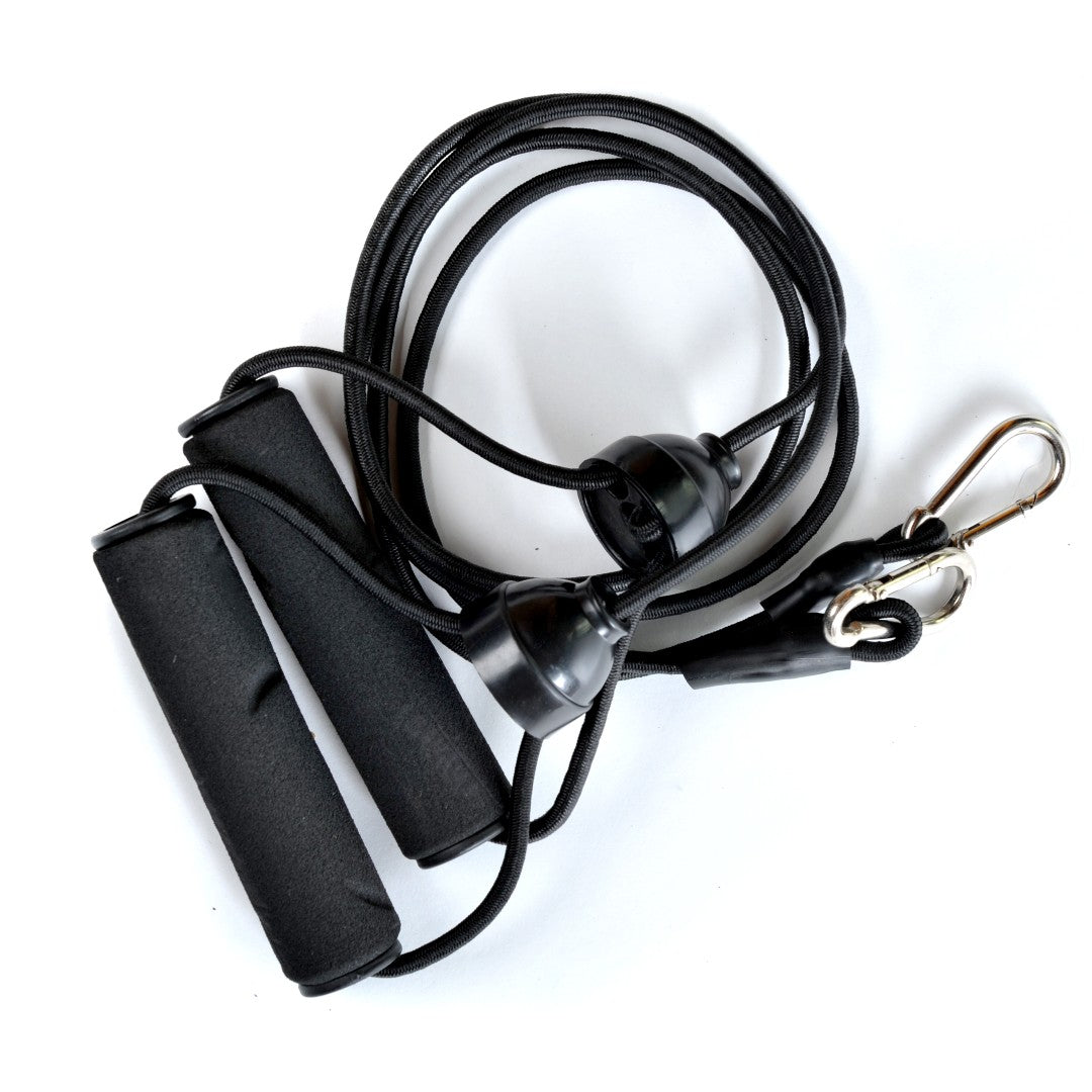 A black jump rope with foam handles and adjustable length is coiled on a white background—ideal when used with Reviber 7mm Cardio Resistance Bands for a complete workout.