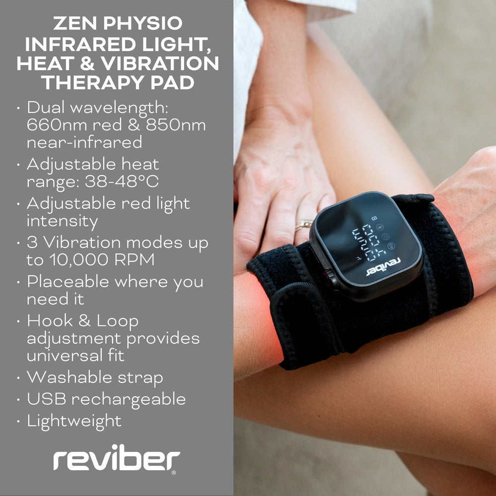 A person’s arm wears a black adjustable strap with the Reviber Infrared Light Therapy Pad by Reviber attached. Features listed: red light, heat, vibration massage therapy, adjustable settings, and USB rechargeable.