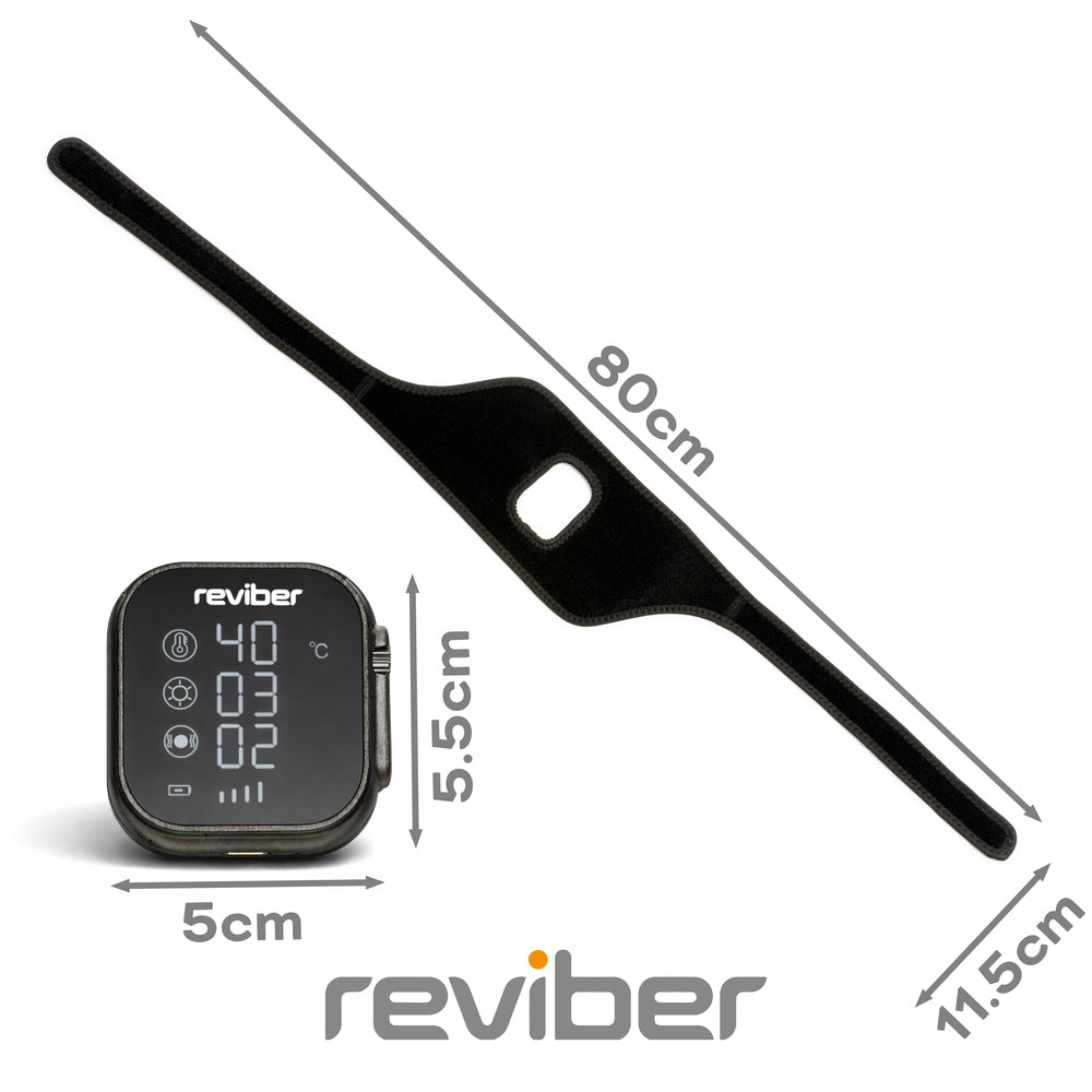 The Reviber Infrared Light Therapy Pad is a black wearable fitness device with an 80cm adjustable strap (5.5cm wide) and a 5x5cm digital control unit displaying numbers and icons. Features infrared massage technology and the Reviber logo at the bottom.
