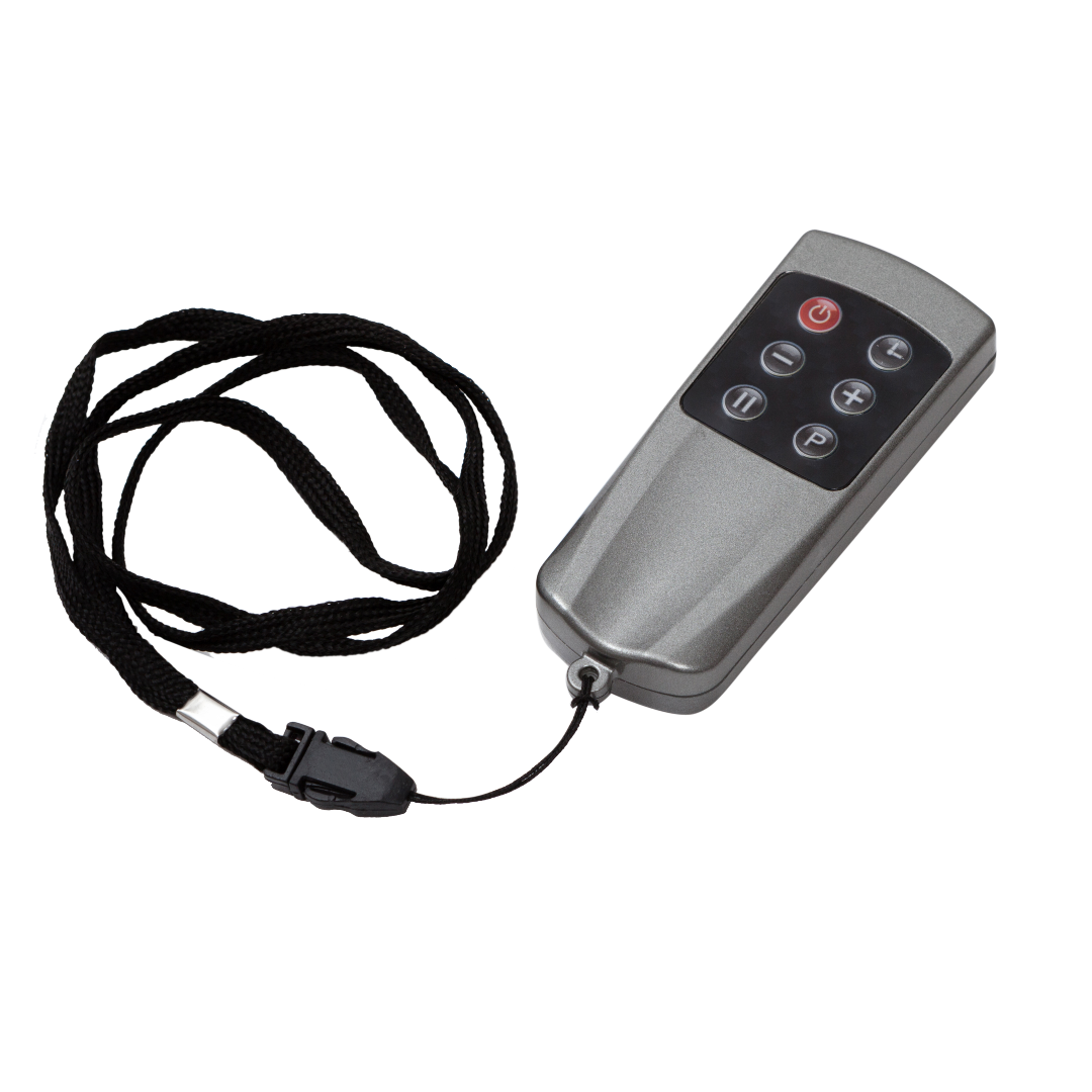 The Reviber Fusion Remote Control Anthracite (model prior to 2025) features six black buttons, a red power button, and comes with a black lanyard—shown on a white background.