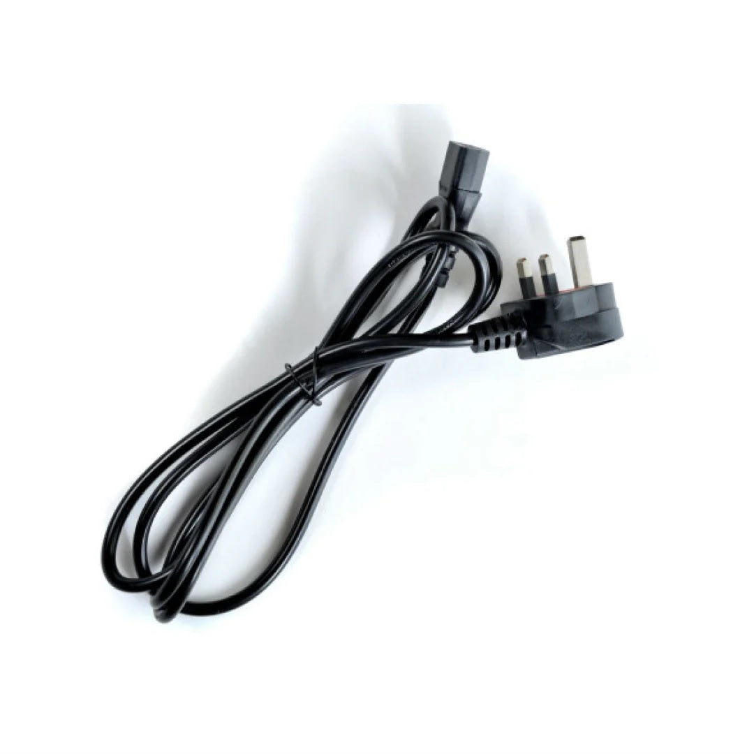 A black Reviber Fusion Mains Power Lead by Reviber, featuring a three-pin plug and two-hole socket, is coiled loosely on a white background.