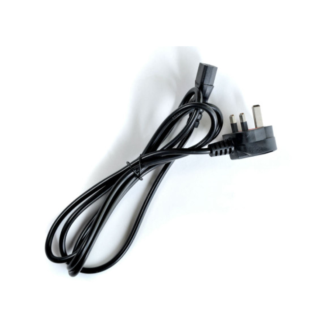 The Reviber Superslim Vibration Plate Power Lead by Reviber features a black three-pin UK plug and an IEC C13 connector, perfect for your device, shown coiled neatly on a white background.