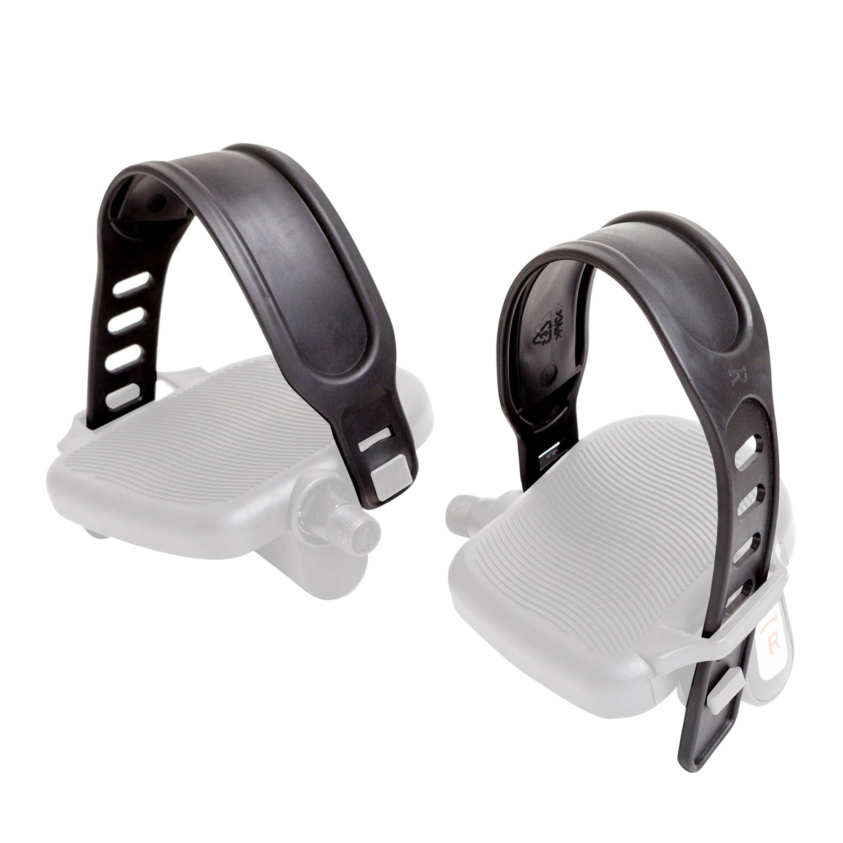 Two black Reviber Mini Motorised Exercise Bike Pedal Straps are attached upright with adjustable notches to grey pedals, shown on a white background.