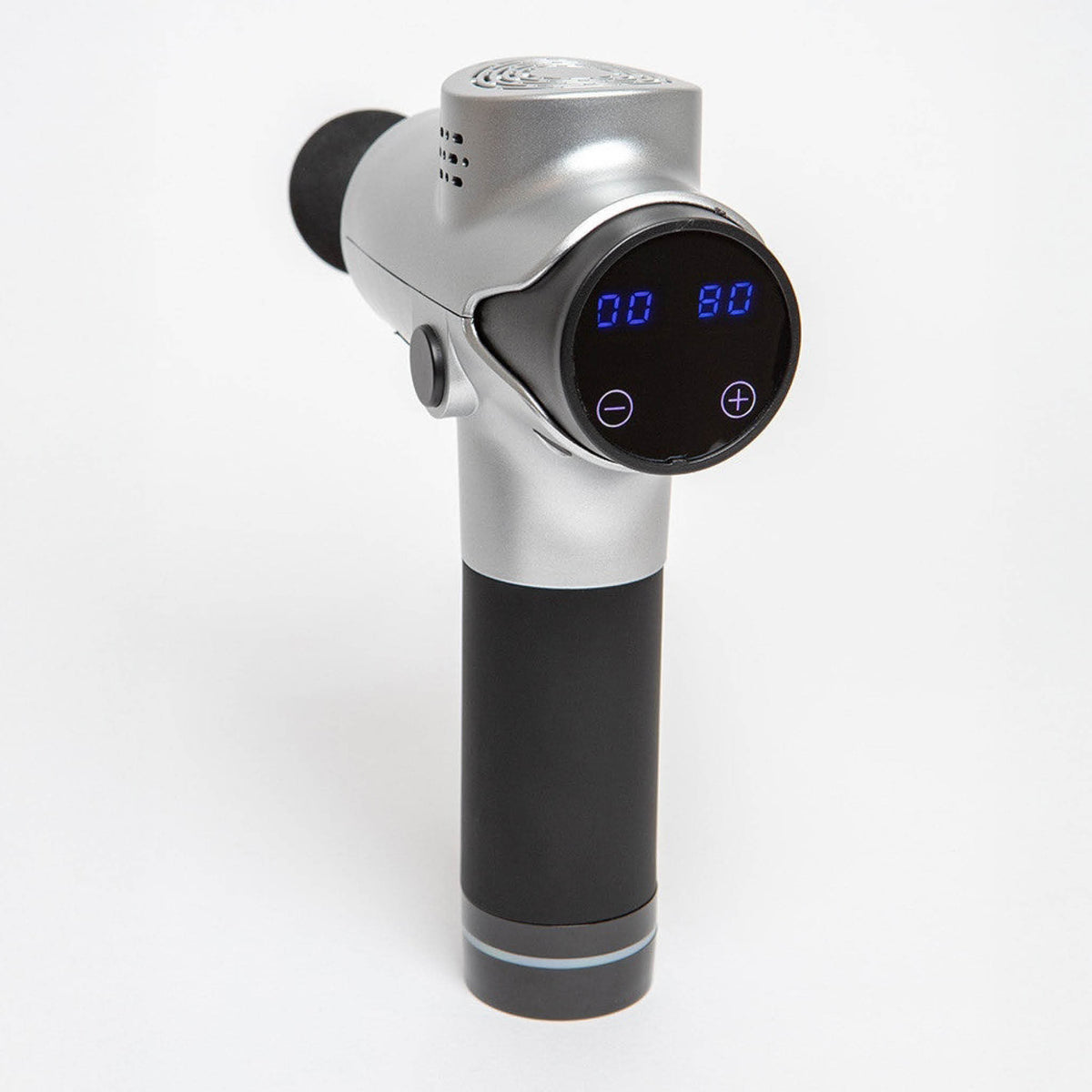 The Reviber Massage Gun by Reviber is a handheld silver and black device with a digital display showing 00 and 50, plus/minus buttons below. Ideal for deep-tissue massage, it stands upright against a plain white background.