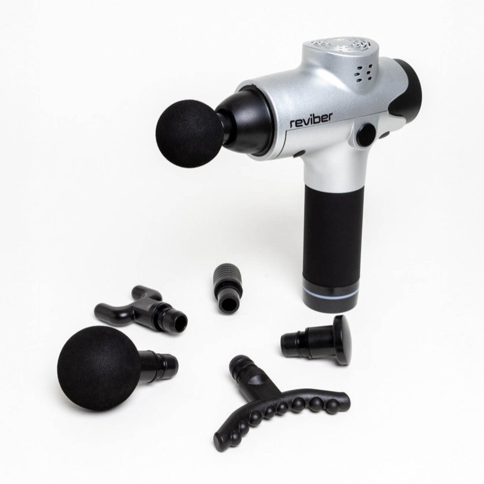 The Reviber Massage Gun by Reviber is a silver and black handheld device for deep-tissue massage, shown with five interchangeable heads on a white background.