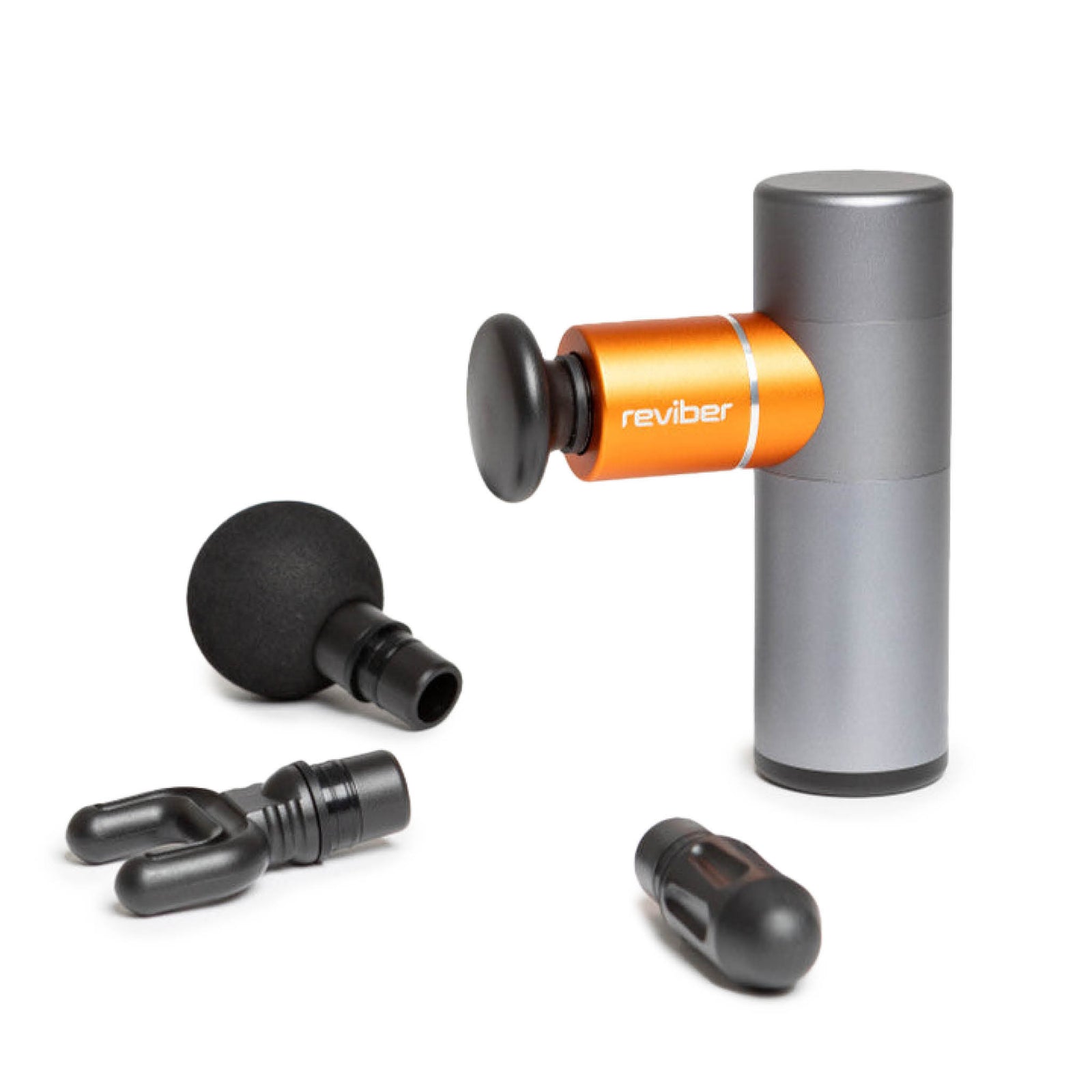 The Reviber Mini Massage Gun With Heat Therapy by Reviber, in orange and gray, is displayed on a white background with three interchangeable attachments: a round ball, fork, and flat head for targeted deep tissue massage.