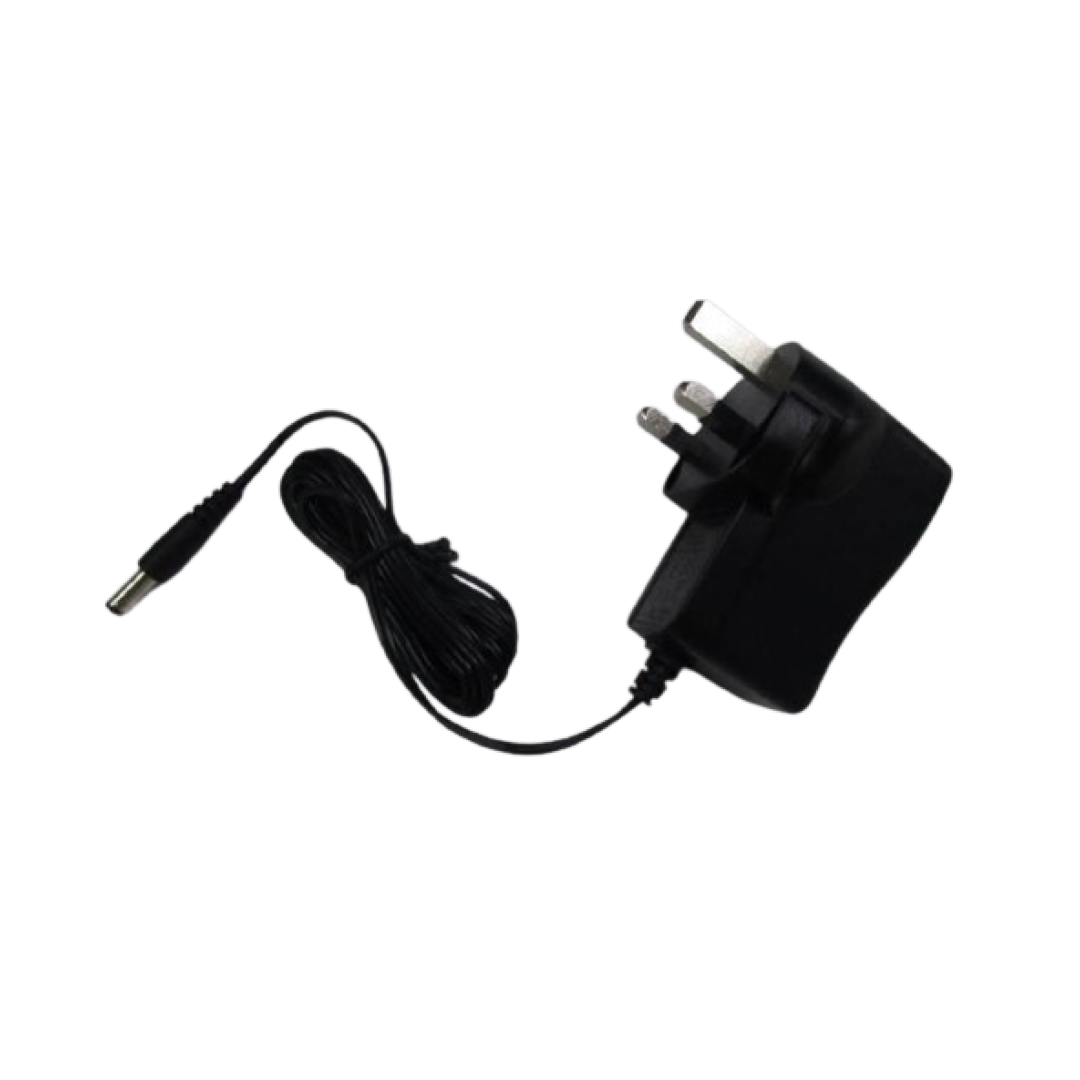 The Reviber Vibrating Foam Roller Power Lead is a black UK three-pin plug-in adapter with a coiled lead and barrel connector, shown on a white background. Compatible with the Reviber Vibrating Foam Roller.