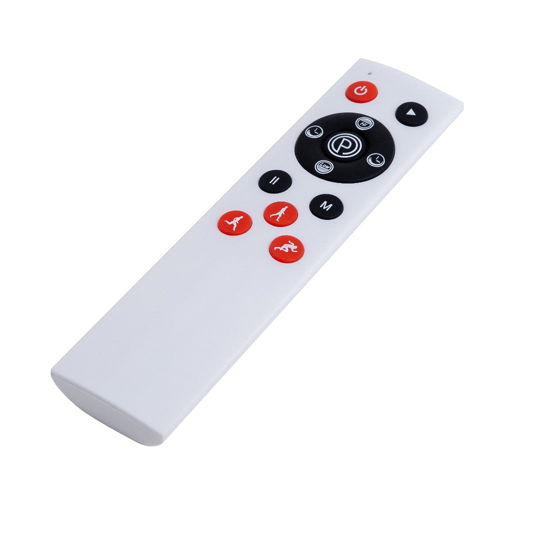 The Reviber Superslim Vibration Plate Exerciser Remote Control by Reviber features red and black buttons for power, play/pause, and more, and is shown on a white background.